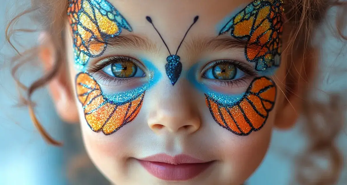 Ein Kind mit einem wunderschönen Schmetterling Schminken, das wie ein Monarchfalter aussieht. Glitzernde Flügel zieren Wangen und Augen.