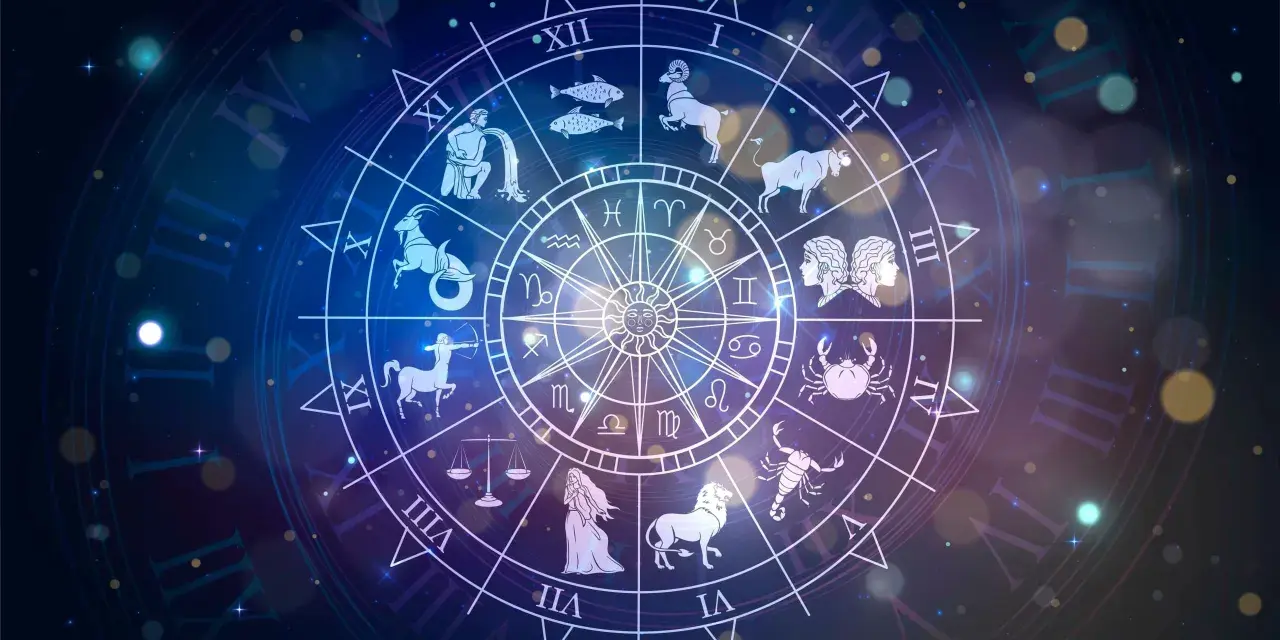 Zodiak z symbolem bliźniąt od kiedy? Koło zodiaku z wizerunkami znaków, w tym bliźniąt, na tle kosmicznym.