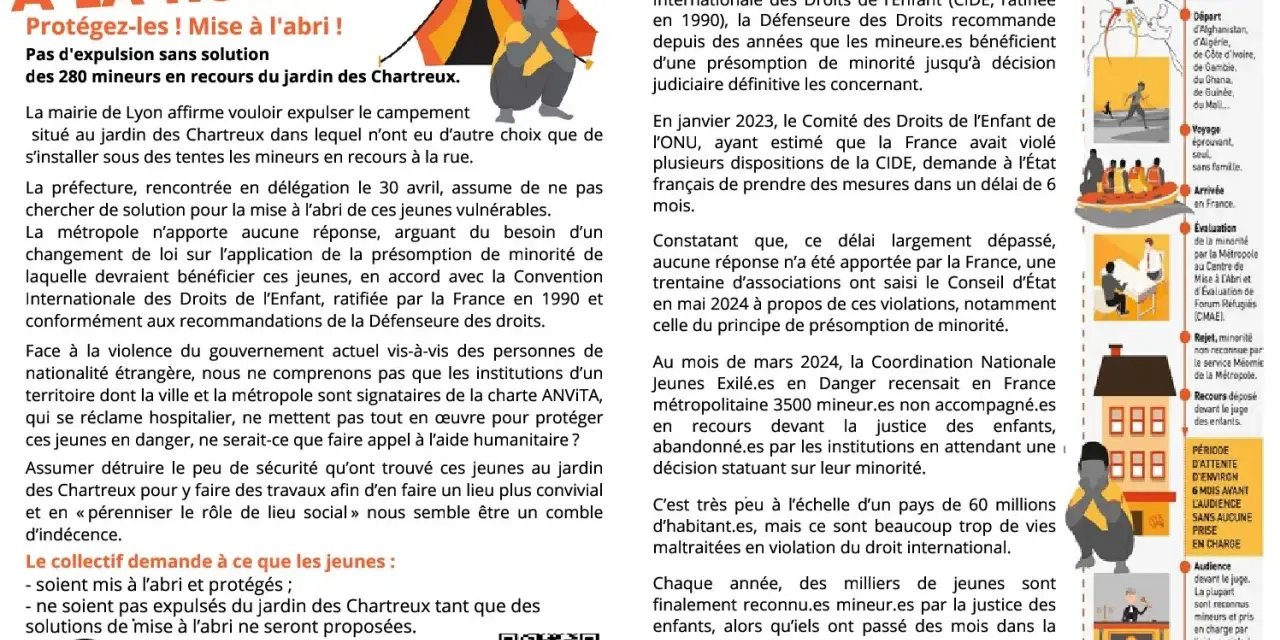 Mineurs isolés à la rue à Lyon, sans solution de mise à l'abri. Appel à la protection et à la fin des expulsions, dans le respect de la réglementation sur le séjour de vacances.