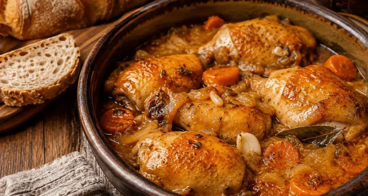 Muslos de pollo en salsa, una receta de la abuela que huele a hogar. Acompañados de pan rústico y zanahorias tiernas.