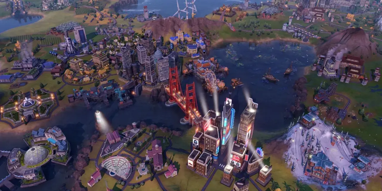 Ciudad futurista con puente rojo, rascacielos y estación de esquí. Trucos Civilization VI para dominar el mundo.