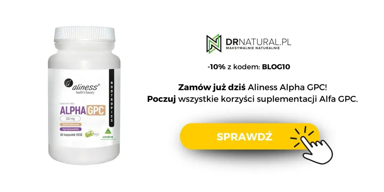 Opakowanie suplementu diety Aliness Alpha GPC 300 mg. Zamów dziś i poczuj korzyści z suplementacji Alfa GPC.