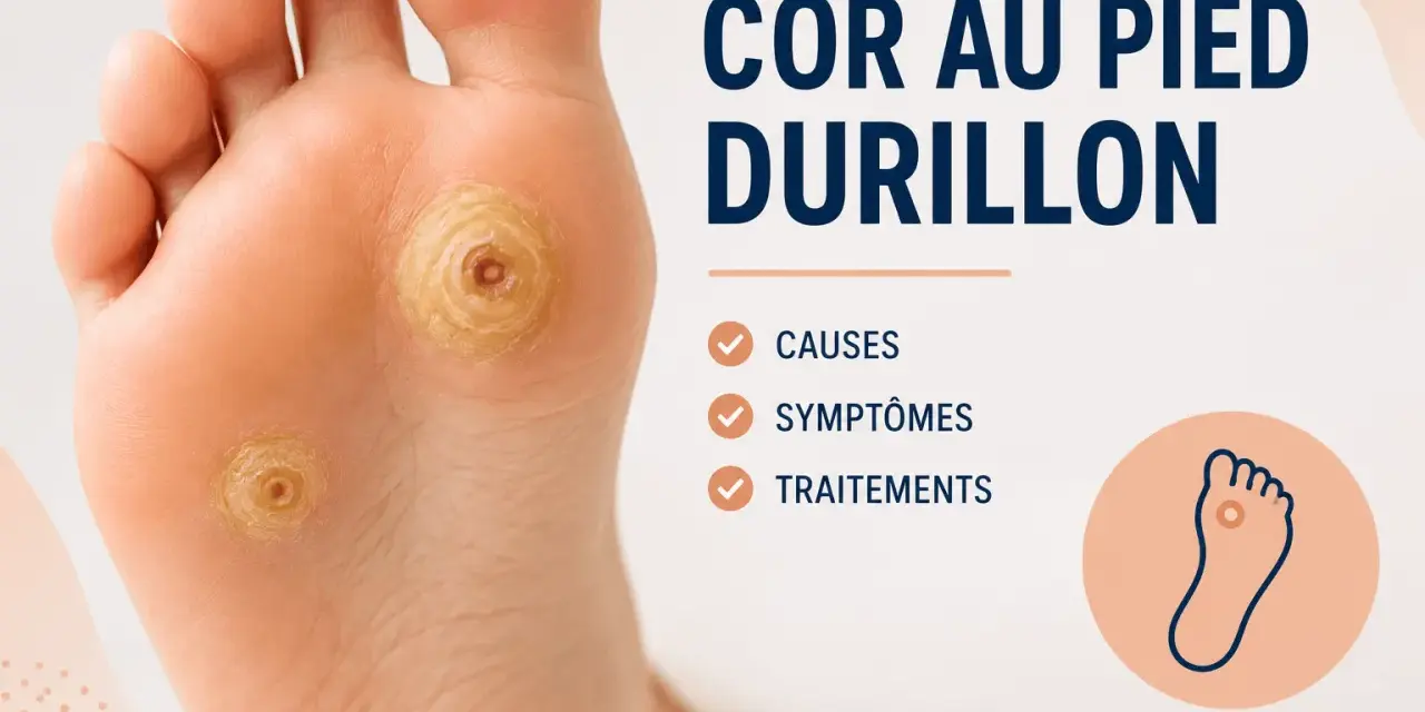Gros plan sur un pied présentant des cors. Le texte indique "COR AU PIED DURILLON" et liste les causes, symptômes et traitements pour savoir comment soigner un cor.