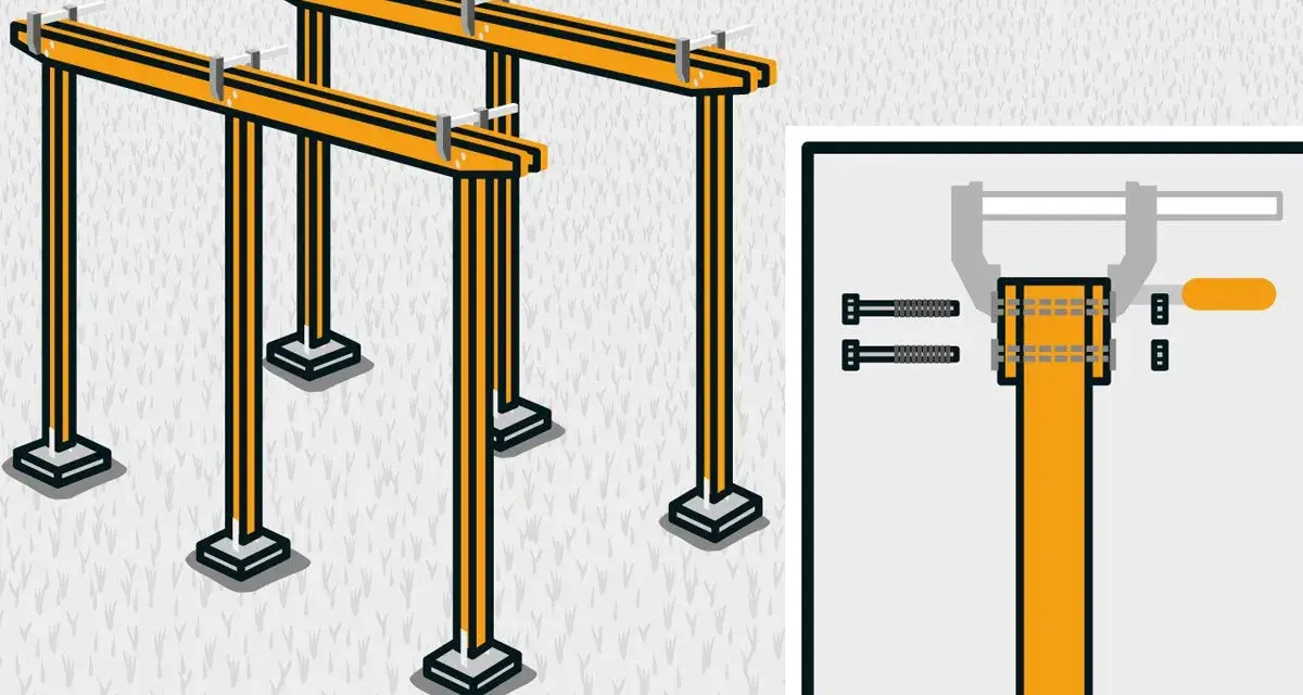 Illustration visar hur man bygger en pergola med stolpar och balkar. Detaljbild visar hur man fäster balken med bultar.