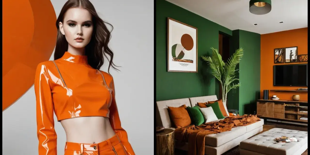 Mujer con atuendo **naranja color** brillante junto a un salón moderno con paredes verdes y naranjas, sofá y cojines.