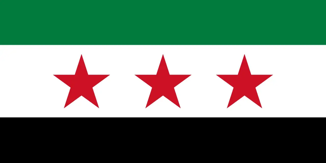 Flaga Syrii: trzy czerwone gwiazdy na białym pasie, między zielonym a czarnym pasem.