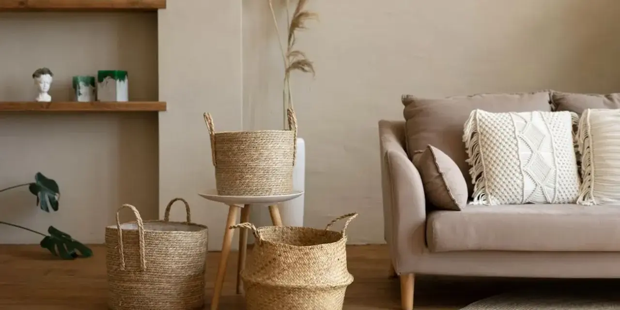 Przytulny salon w stylu boho: plecione kosze, beżowa kanapa z makramową poduszką i suszone trawy.