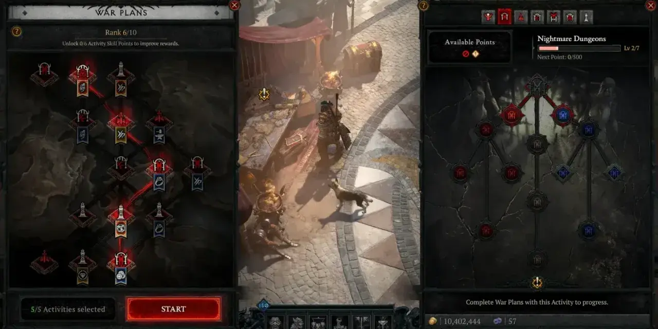 Interfaz de Diablo 4: un bárbaro construye un plan de guerra para mazmorras de Pesadilla.