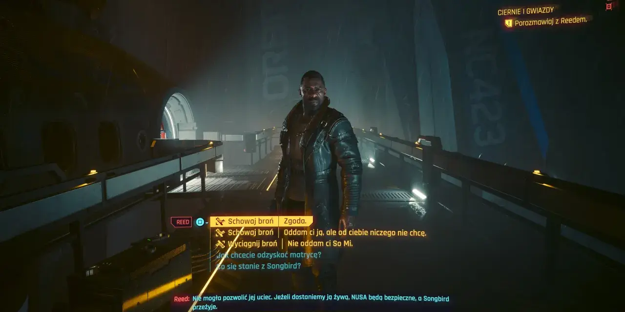 Cyberpunk: Widmo wolności. Reed rozmawia o zakończeniu, gdy deszcz pada na Night City.