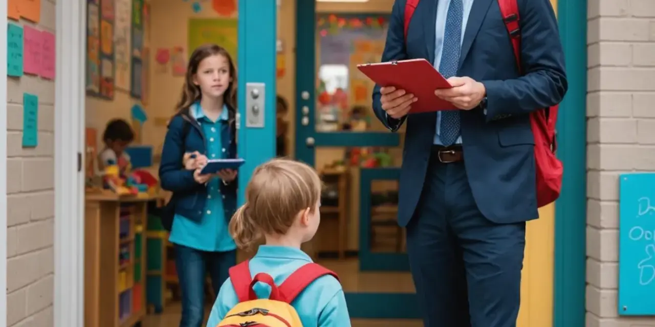 Nauczyciel z teczką i plecakiem wita dzieci w przedszkolu. Czy można wyrzucić dziecko z przedszkola? Nie, to miejsce dla wszystkich.