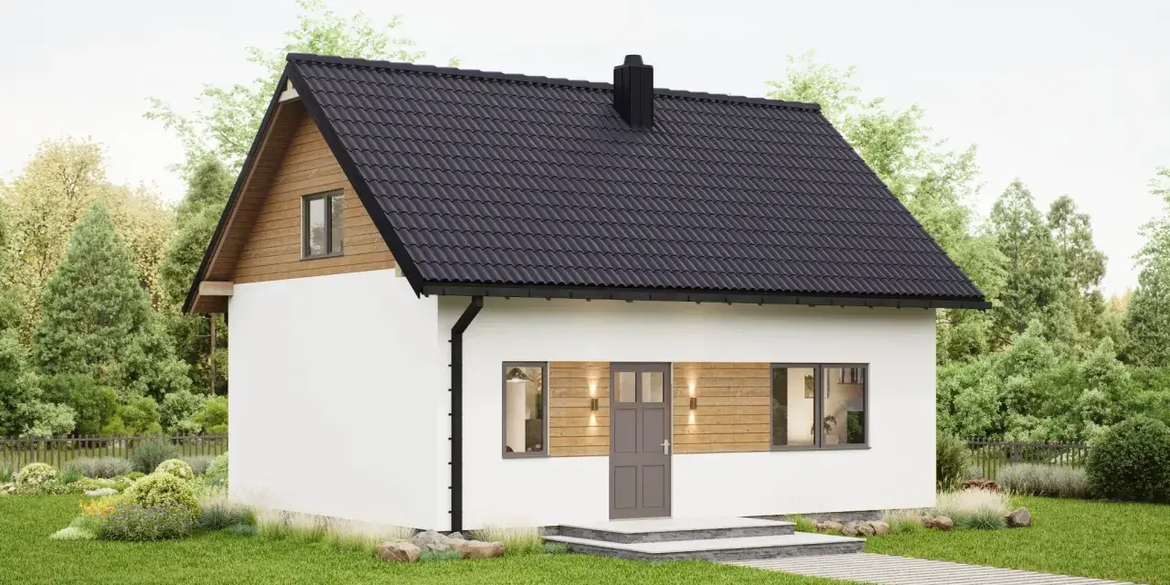 Gotowe domki na działkę ROD. Biały domek z drewnianymi elementami, czarnym dachem i kominem, otoczony zielenią.