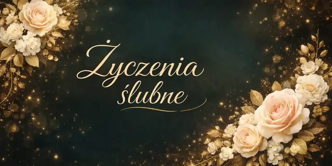 Eleganckie życzenia ślubne od serca, ozdobione kremowymi różami i złotymi listkami, otoczone migoczącymi iskierkami.