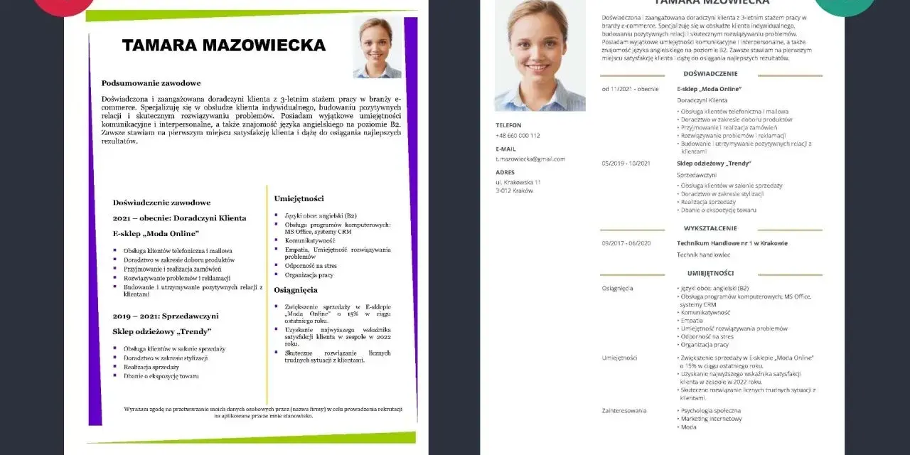 Tamara Mazowiecka, doradczyni klienta z 3-letnim doświadczeniem, szuka pracy. Jej tytuł zawodowy to "Doradczyni Klienta".
