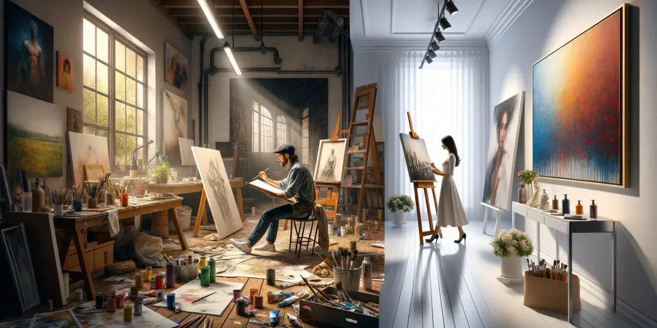 Dans une galerie recherche artiste, deux ateliers contrastés : l'un bohème et lumineux, l'autre épuré et moderne.