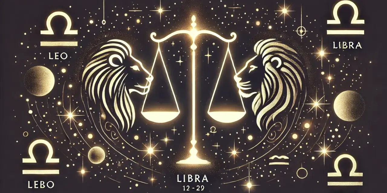 Złoty lew i waga na tle nocnego nieba pełnego gwiazd. Symbol zodiaku Waga i Lwa.