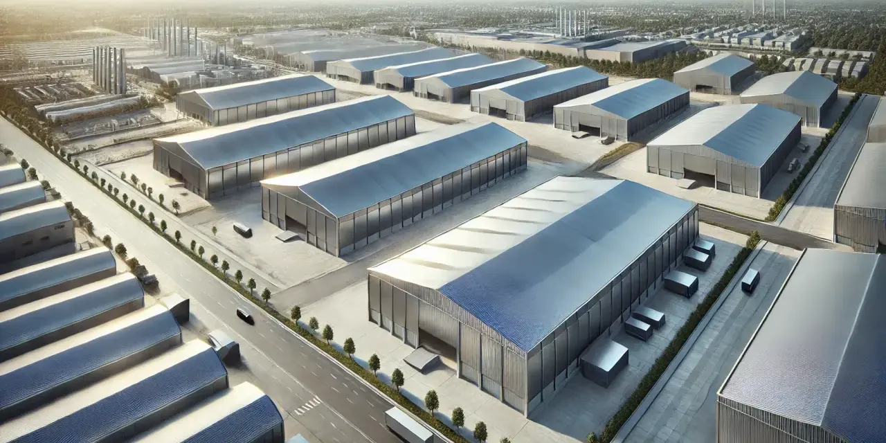 Vista aérea de un polígono industrial con naves de fachada zinc.