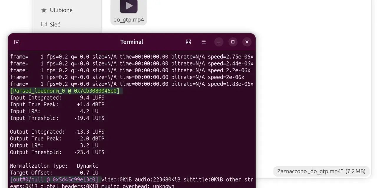 Terminal pokazuje analizę głośności pliku wideo. Wyniki loudness co to, wskazują na znormalizowany poziom dźwięku.
