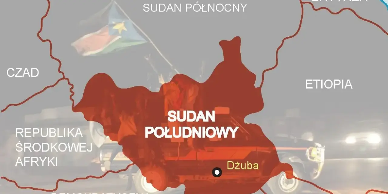 Mapa Afryki: Sudan Południowy, otoczony przez Sudan Północny, Czad, Republikę Środkowej Afryki, Demokratyczną Republikę Kongo, Ugandę, Kenię, Etiopię i Erytreę.