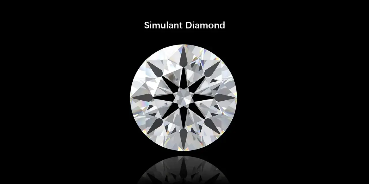 A brilliant round cut simulant diamond sparkles against a black background, showcasing its facets and fire.