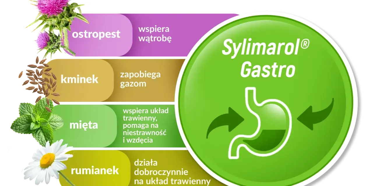 Sylimarol Gastro: ostropest wspiera wątrobę, kminek zapobiega gazom, mięta i rumianek działają dobroczynnie na układ trawienny.