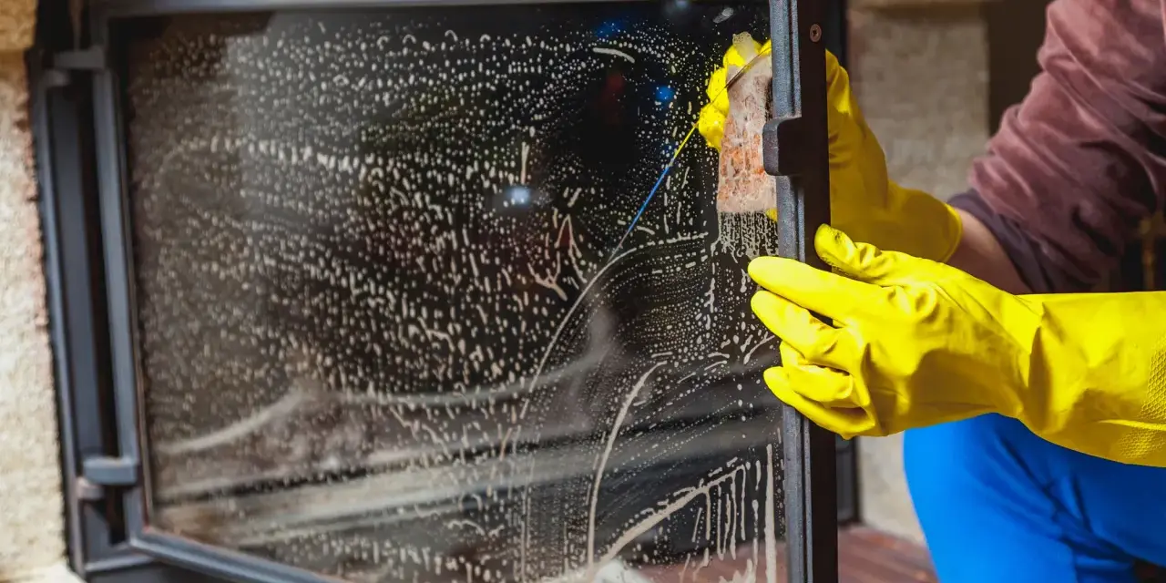 Mani con guanti gialli puliscono il vetro del termocamino con schiuma.