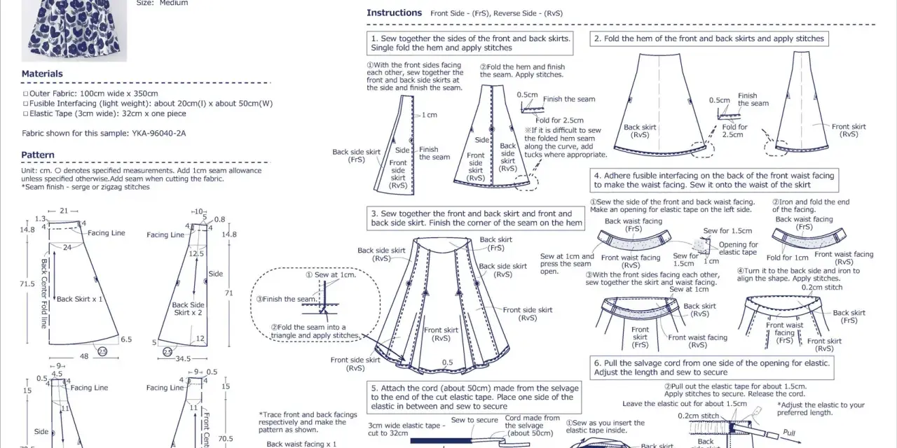 Instructions pour coudre un patron jupe évasée. Le schéma montre les pièces de tissu et les étapes de couture.
