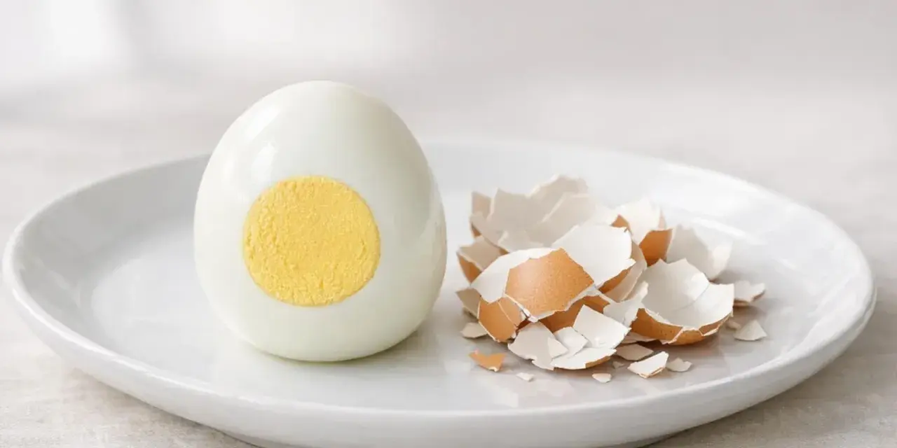 Un œuf dur coupé en deux, montrant son jaune parfait, à côté de sa coquille ébréchée. La cuisson de l'œuf dur est réussie.