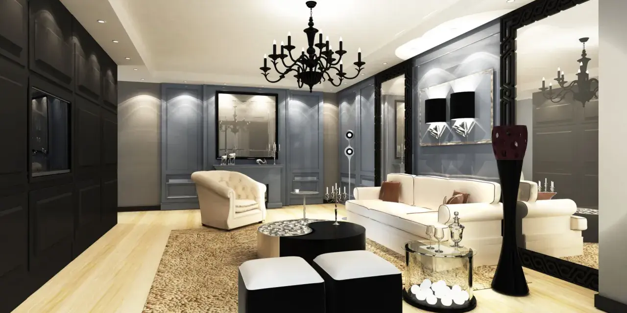 Elegancki salon w gotyckim stylu, z czarnym żyrandolem, kremową sofą i fotelem, ozdobiony lustrami i geometrycznymi akcentami.