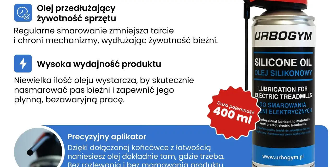 Olej silikonowy do paneli URBOGYM 400 ml. Przedłuża żywotność sprzętu, zmniejsza tarcie i zapewnia płynną pracę bieżni. Precyzyjny aplikator.