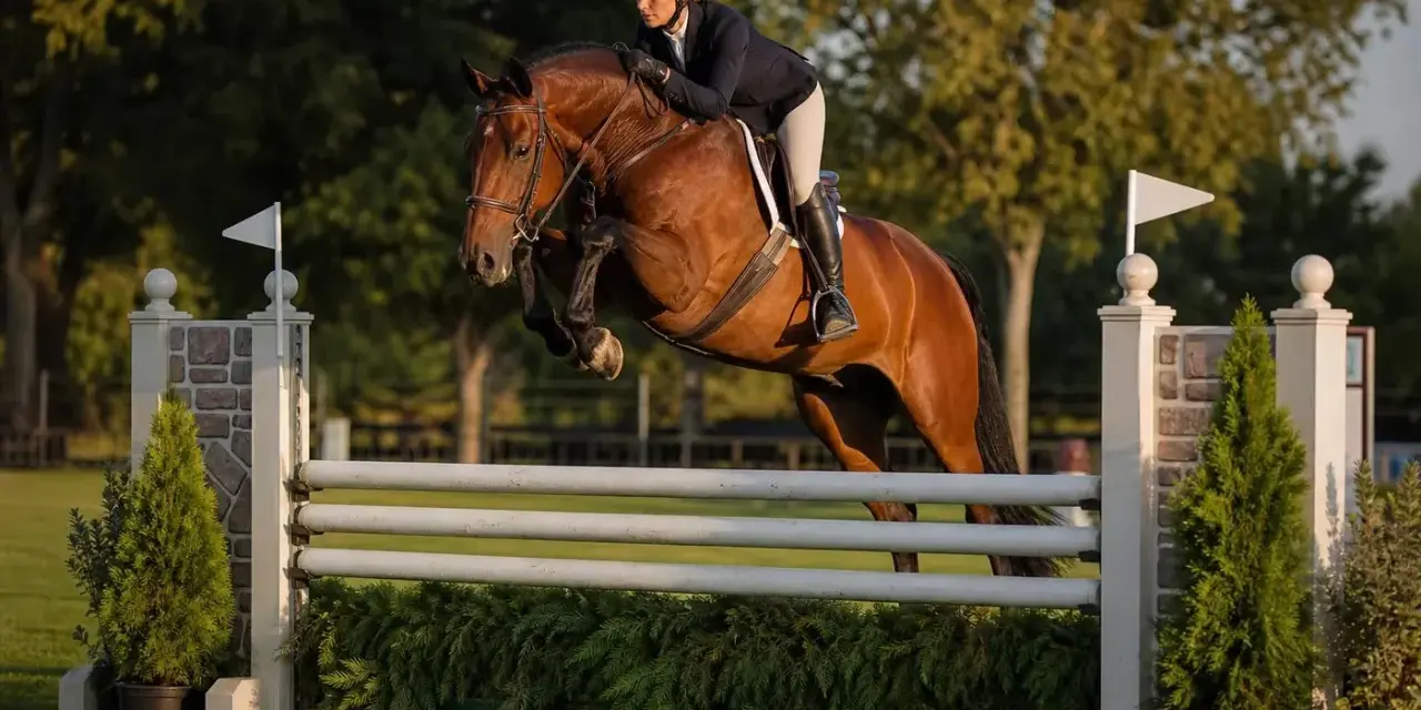 Cavalier et cheval brun en plein saut d'obstacles, une scène de hunter equitation.
