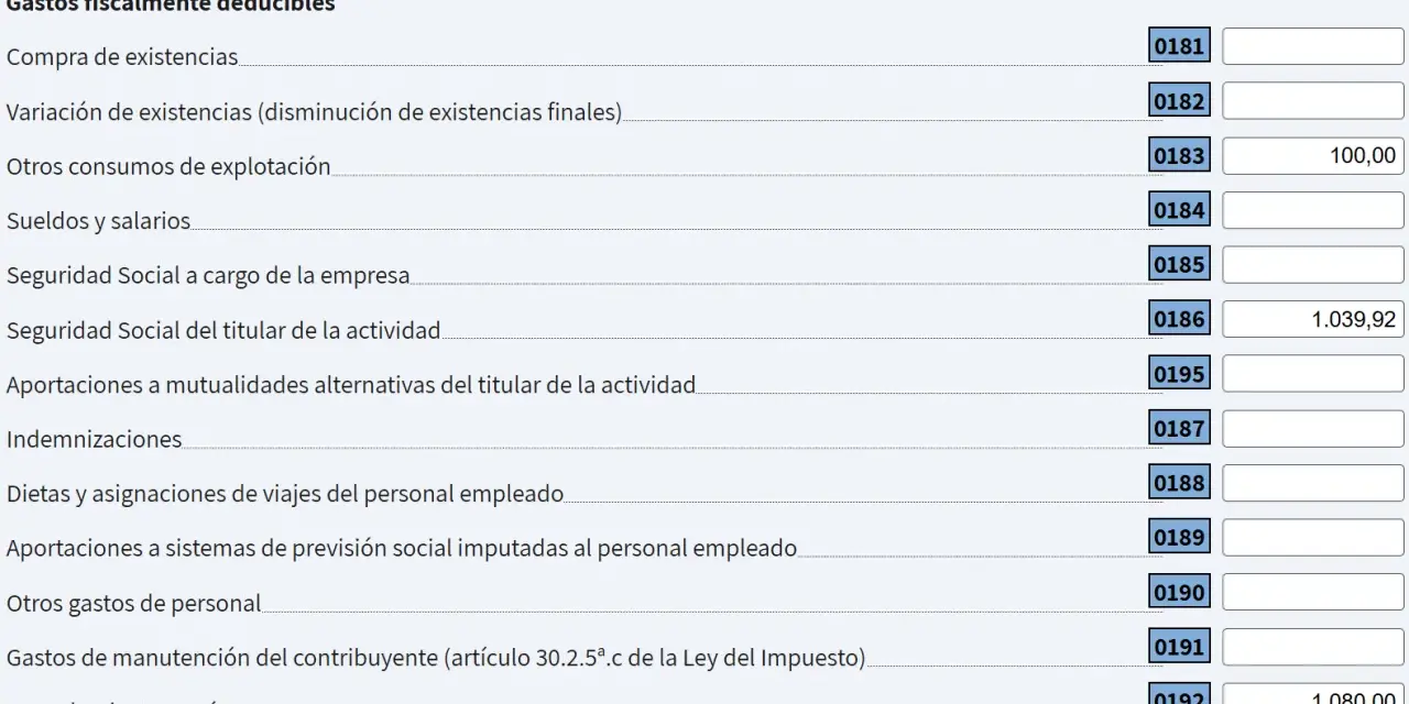 Detalle de gastos deducibles, incluyendo "Otros consumos de explotación" y "Seguridad Social del titular". Se considera cómo aplicar retenciones IRPF estando de baja.