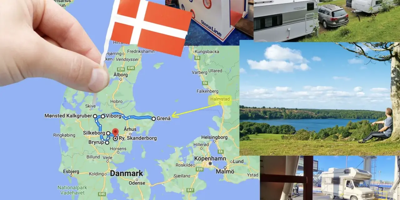 Planerar du en resa till Danmark? Bilden visar en karta över Danmark med en rutt markerad, samt campingplatser och vackra vyer. Ett perfekt danmark resmål för husbilen!