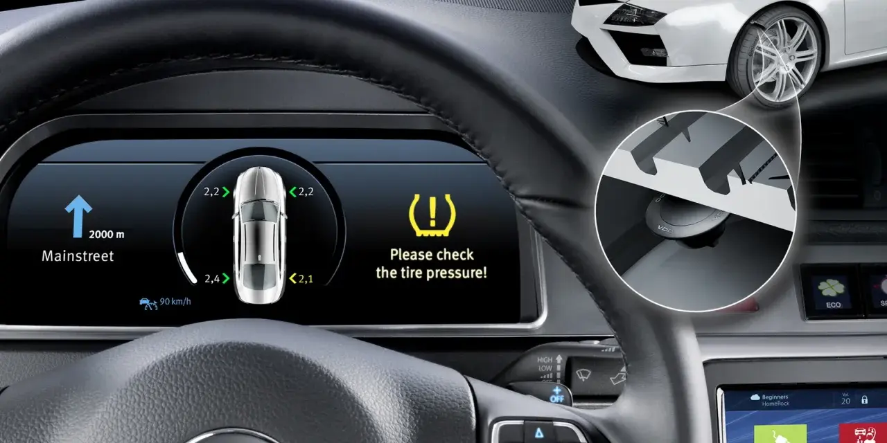 Cruscotto auto con avviso di controllare tpms. Indicatore di pressione pneumatici basso e simbolo di attenzione.