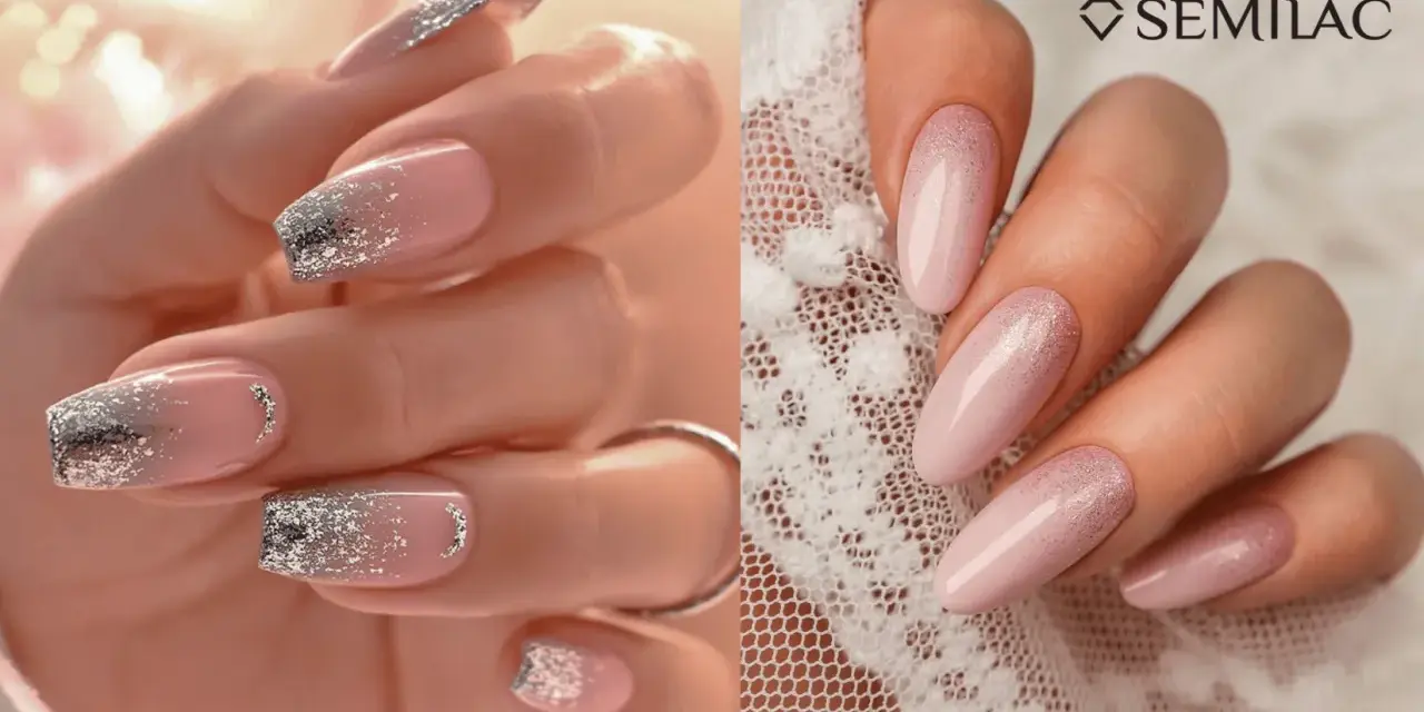 Unghie eleganti con sfumature rosa cipria e dettagli glitter oro e argento, perfette per una sposa.