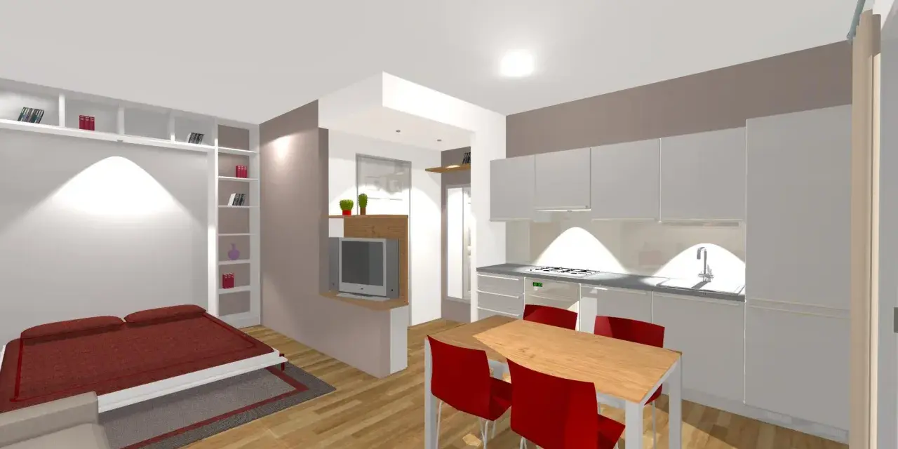 Pianta di un monolocale di 30 mq: letto, libreria, cucina moderna e tavolo con sedie rosse.