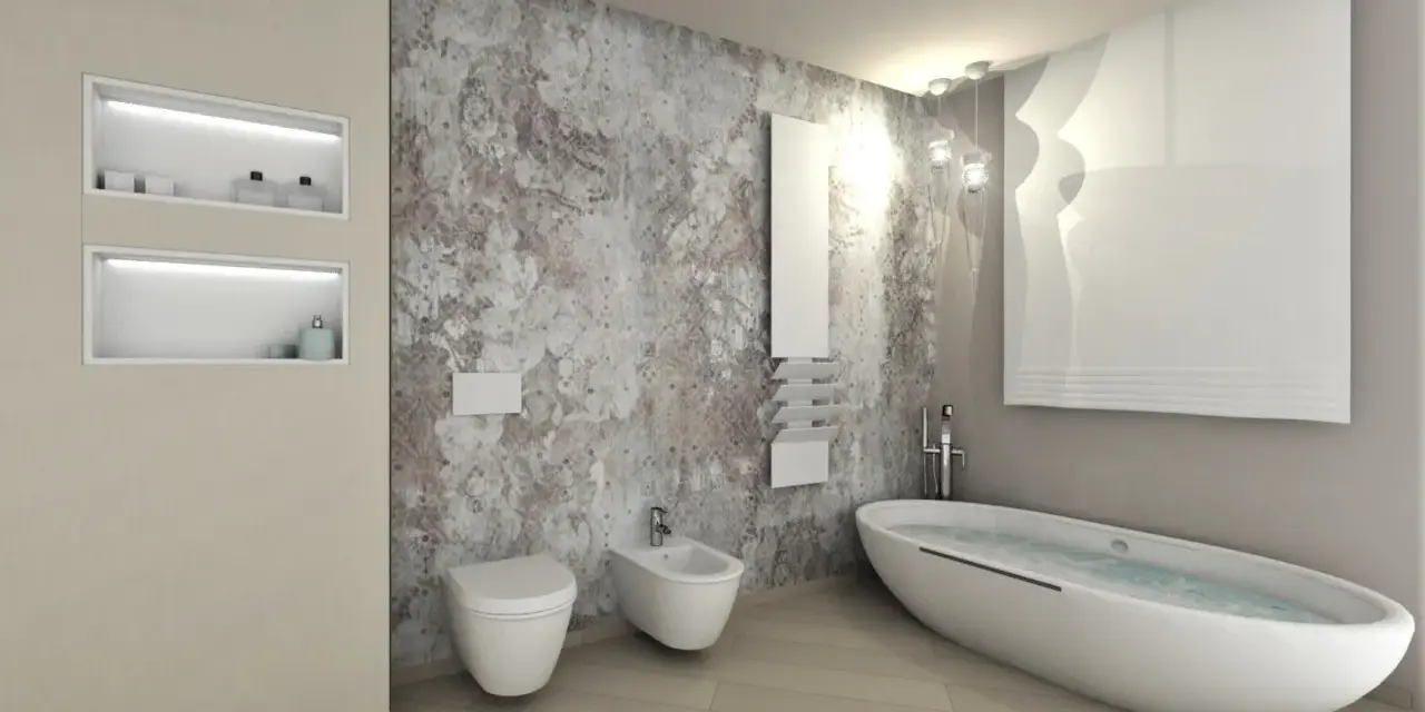 Bagno moderno con vasca ovale, WC, bidet e nicchie a muro. Un esempio di come ottenere un ottimo costo bagno completo con design ricercato.