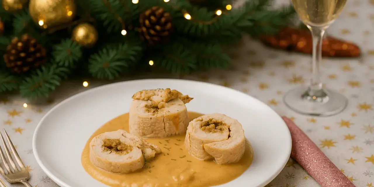Roulades de volaille nappées d'une onctueuse sauce aux girolles, parfaits pour un repas de fête.
