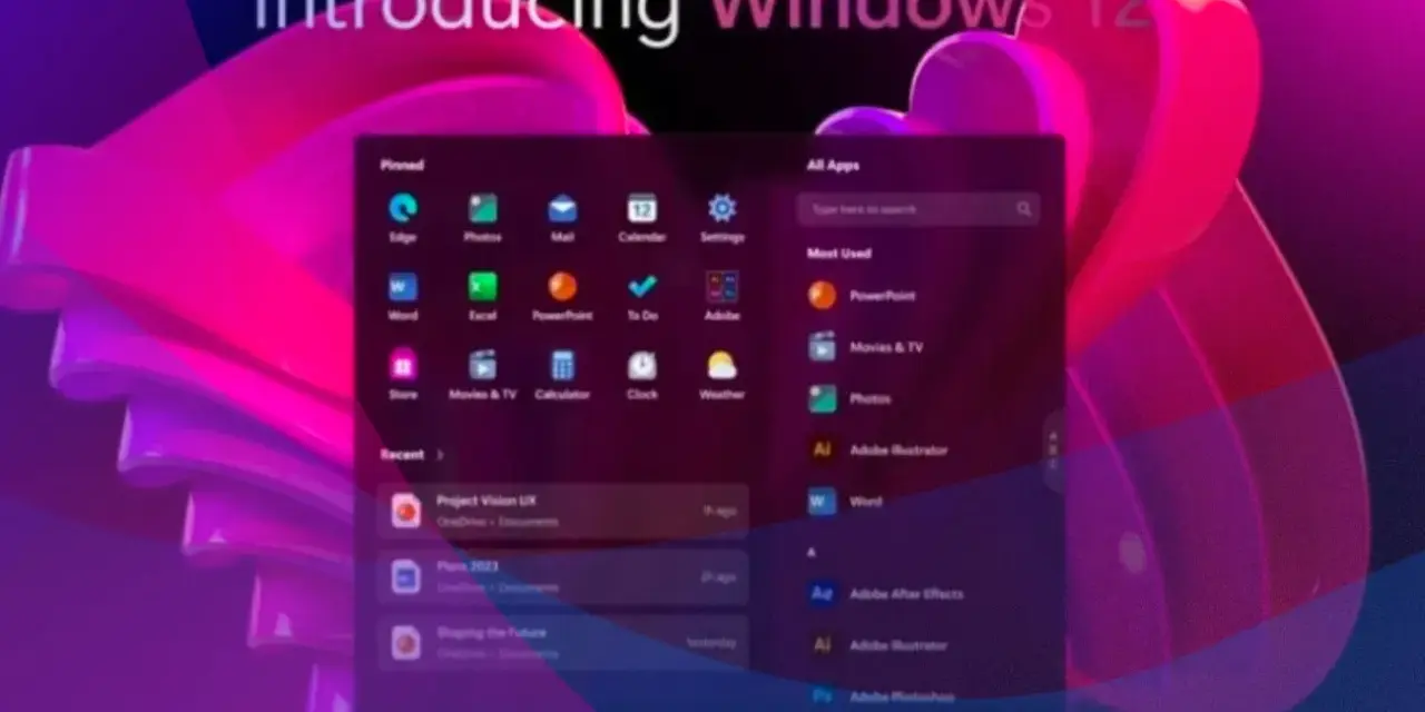 Witaj w świecie, gdzie **kiedy Windows 12** staje się rzeczywistością. Widok menu start z ikonami aplikacji i ostatnio używanymi plikami na tle fioletowo-różowych, falujących kształtów.