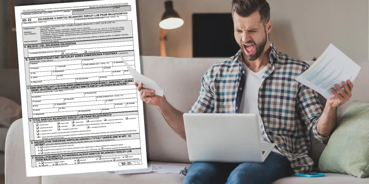 Zirytowany mężczyzna z dokumentami i laptopem, obok formularz SD-Z2.