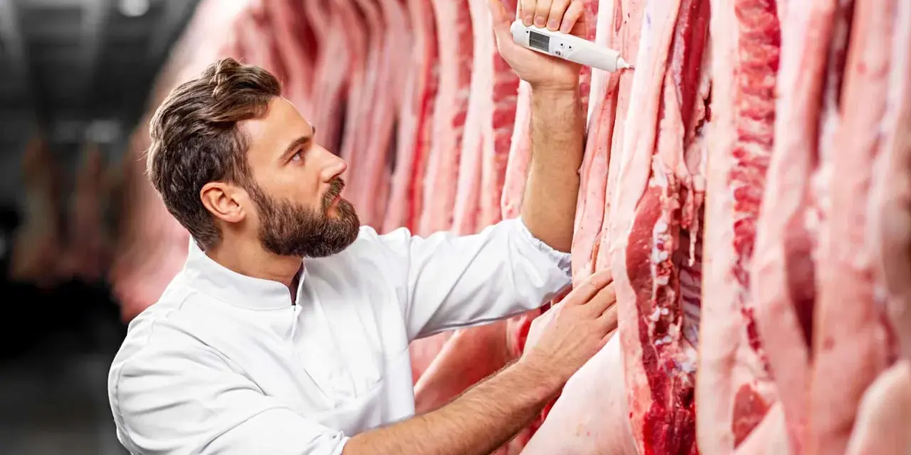 Metzger prüft mit Thermometer die Qualität von abgehangenem Rindfleisch in Kühlhaus.