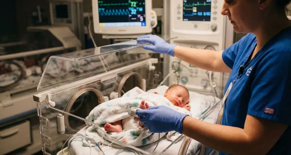 Pielęgniarka neonatologiczna czule opiekuje się noworodkiem w inkubatorze, monitorując jego funkcje życiowe.
