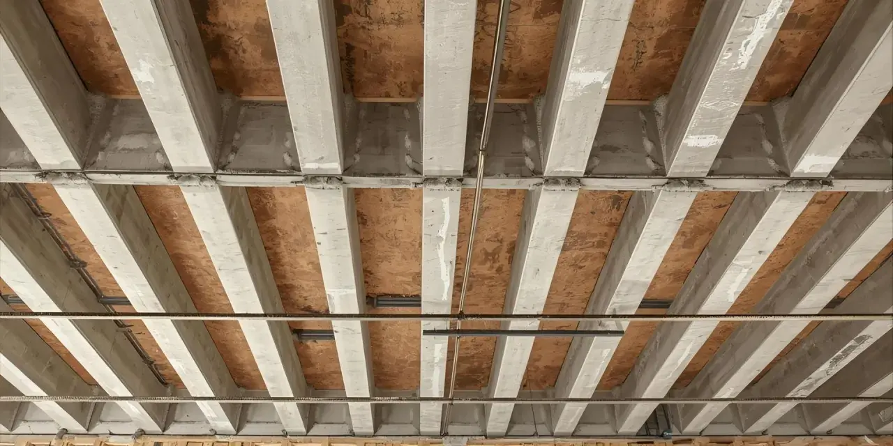Widok od dołu na betonowe belki stropowe, gdzie żebro rozdzielcze tworzy strukturę podtrzymującą.