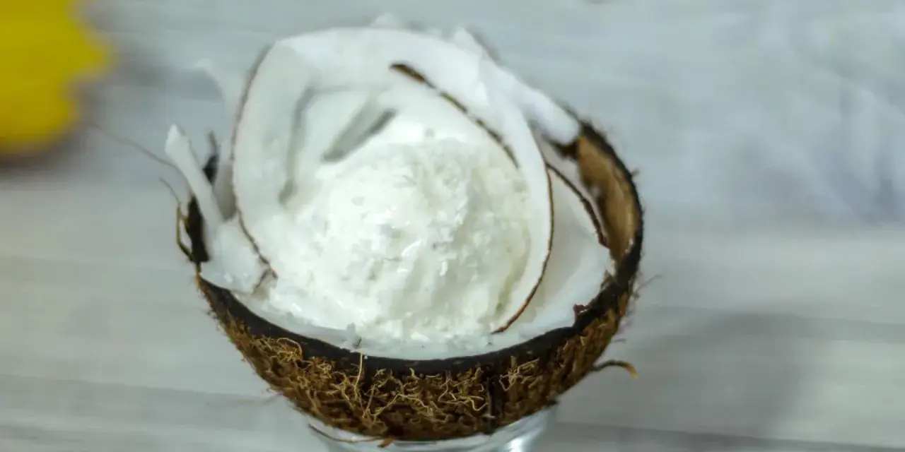 Una pallina di cremoso gelato al cocco servita in una noce di cocco aperta, decorata con scaglie di cocco.