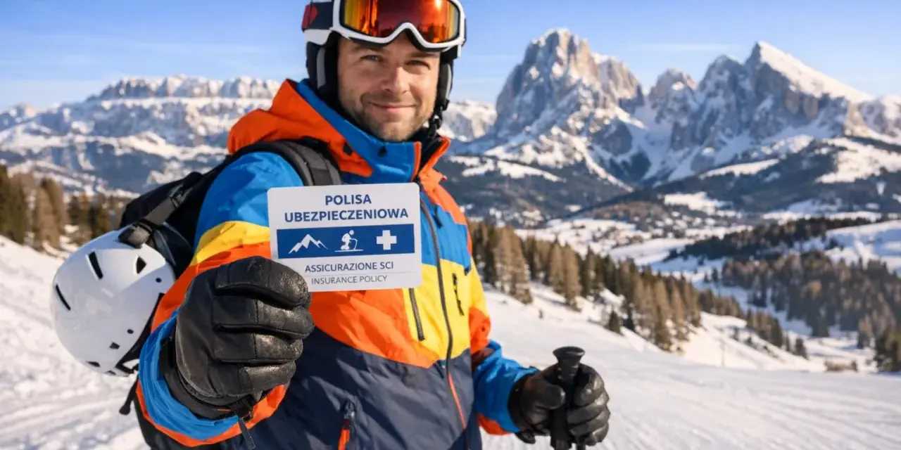 Narciarz w Dolomitach trzyma kartę "Polisa Ubezpieczeniowa" - idealna na narty we Włoszech. Bezpieczeństwo przede wszystkim!