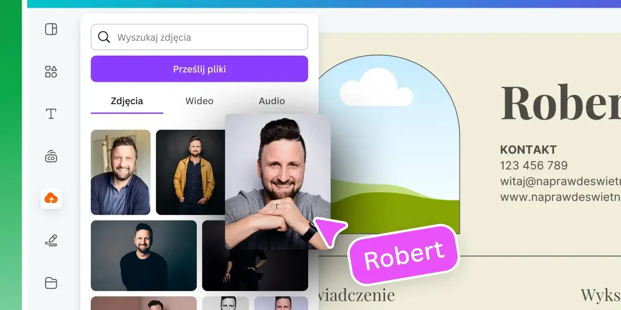 Tworzenie nowoczesnego CV w Canvie. Widok edytora z panelami do dodawania zdjęć i tekstu.