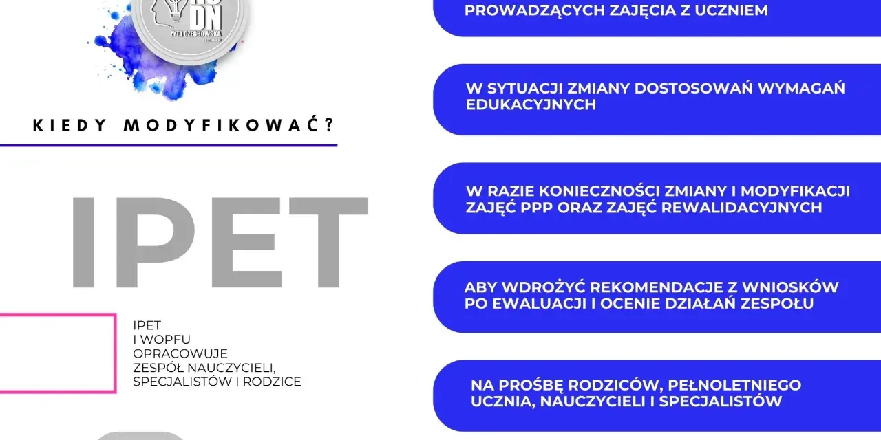 IPET i WOPFU opracowuje zespół. Kiedy modyfikować IPET? W razie zmian nauczycieli, wymagań, zajęć lub na prośbę rodziców.
