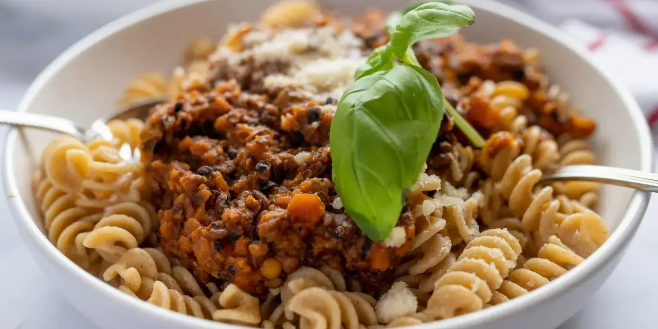 Pyszne fusilli z sosem bolognese z soczewicy, posypane parmezanem i udekorowane bazylią. Idealne na szybki obiad, gdy szukasz inspiracji na soczewica przepisy.