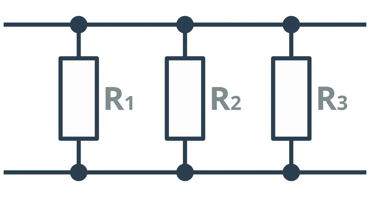 Schemat obwodu elektrycznego z rezystorami R1, R2, R3 połączonymi równolegle.