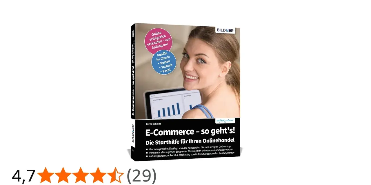 Buchcover "E-Commerce – so geht's!" mit lächelnder Frau. Ratgeber für erfolgreichen Onlinehandel, inklusive Tipps zu Kanälen, Kosten, Technik und Recht.