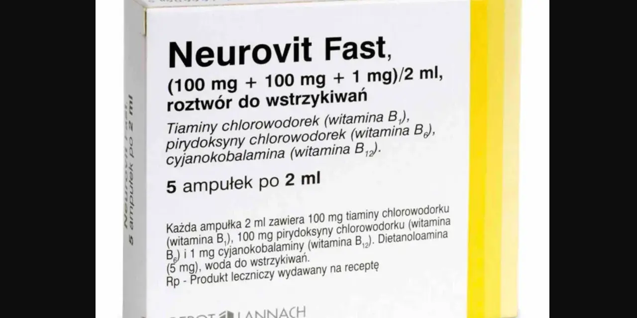 Opakowanie leku Neurovit Fast, roztwór do wstrzykiwań z witaminami B1, B6, B12. Produkt leczniczy wydawany na receptę.